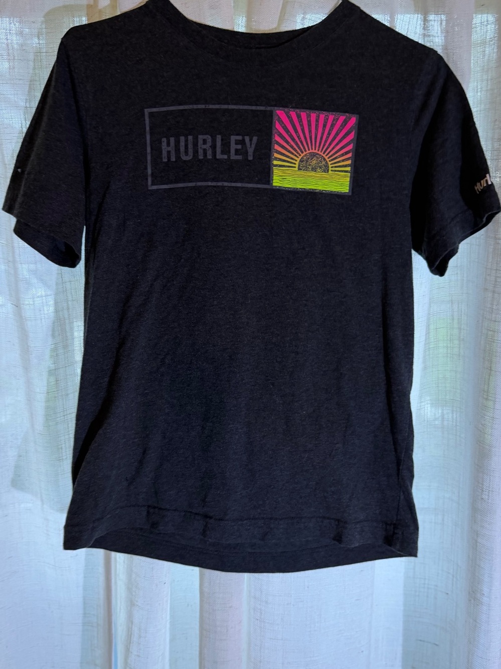 Hurley Black Tee with Neon Pink and Neon Yellow Sunset Graphic